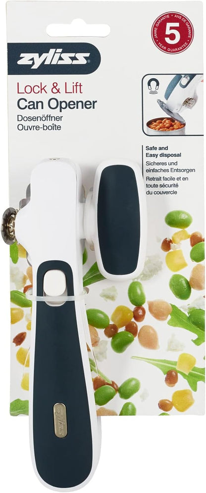 Zyliss E930043 Can Opener Lock and Lift, Plastic/Stainless Steel, White/Grey, Manual Tin Opener, Safe and Easy Lid Removal/Disposal, Lock and Unlock Safety, Dishwasher Safe