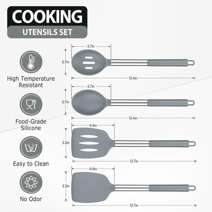 Pack of 4 Large Silicone Cooking Spatulas and Spoons, Slotted and Solid Stainless Steel Cooking Utensils Set, Non-stick Heat Resistant Kitchen for Baking, Fried, Stir-Fry, Mixing, Serving (Black)