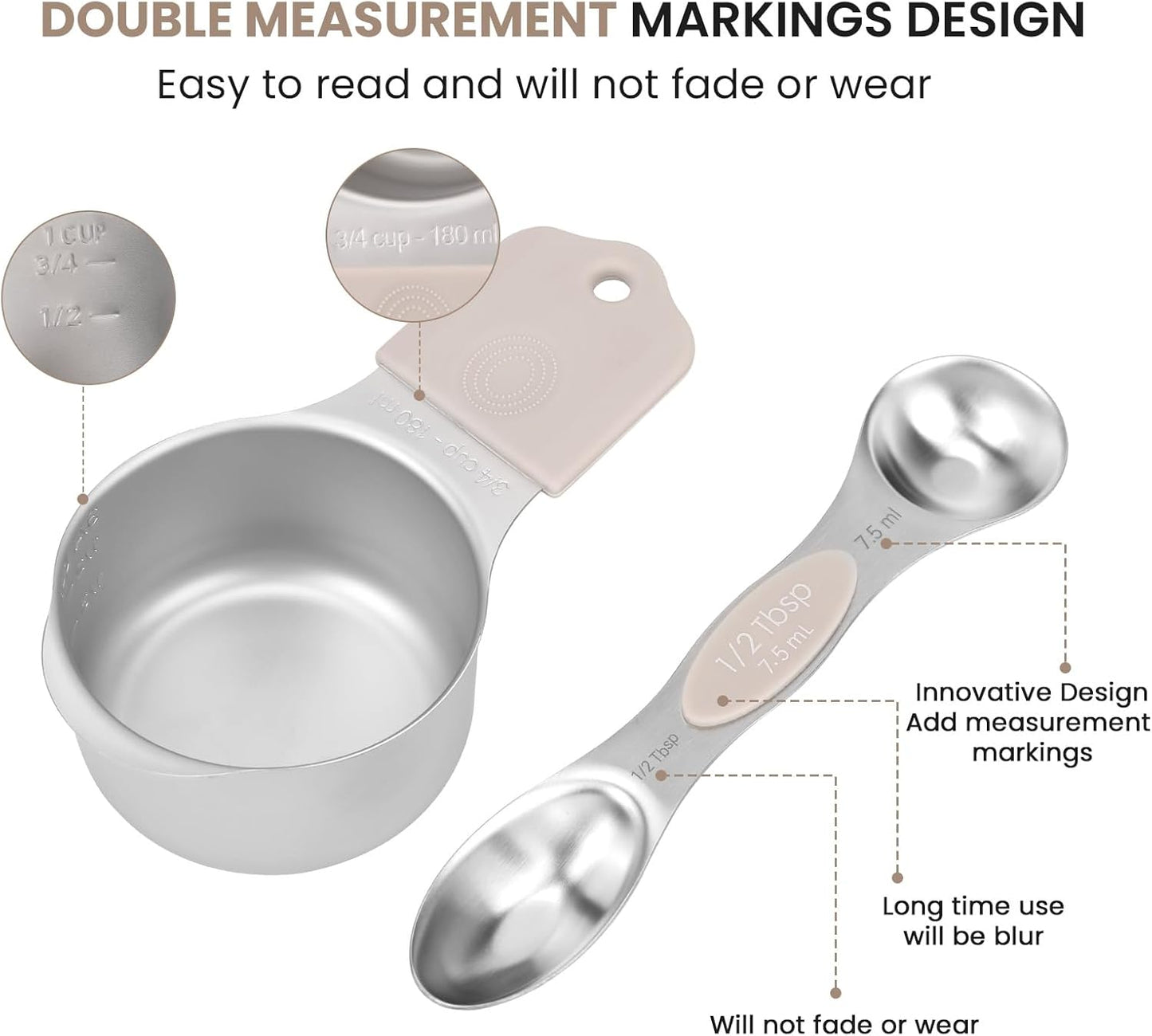 Magnetic Measuring Cups and Spoons Set-Heavy Duty 304 Stainless Steel，Double Measurement Markings，Set of 16 with Leveler for Measure Dry and Liquid Ingredients (Black)