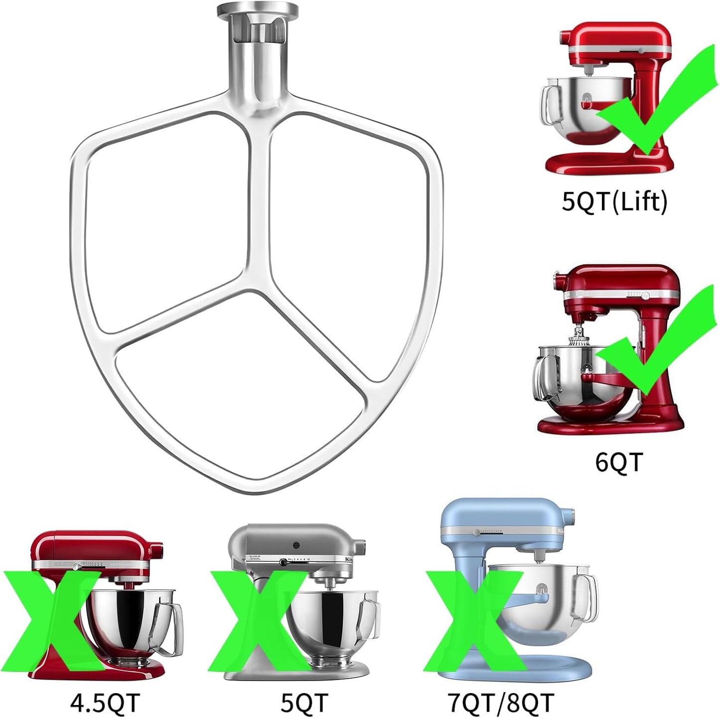 Stainless Steel 3 Piece kit Attachments，Dough Hook 6 Wire Whisk Flat Beater Compatible with KitchenAid 5 Plus -6QT Mixer，Bowl Lift Stand Mixer Accessory，Rust Resistant，Dishwasher Safe