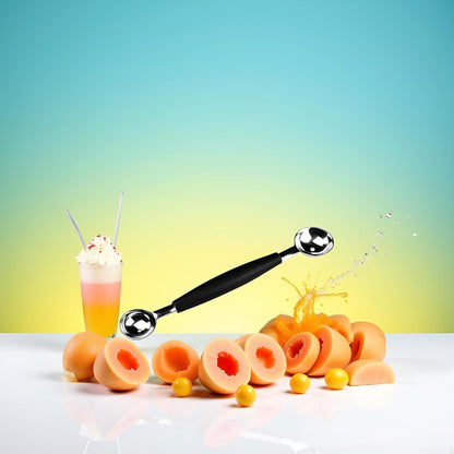 4Pcs Silver 2 in 1 Stainless Steel Melon Ballers Melon Scoop,Double-Sided Fruit Melon Baller Spoon, Suitable Watermelon Cantaloupe Ice Cream Comfortable Non-Slip Grip, Melon Ballers