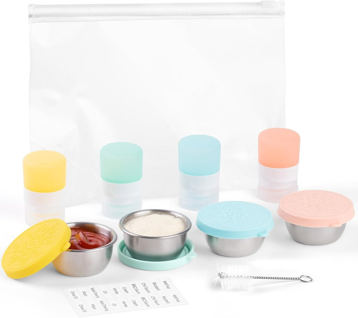 MICEBAY 8-Pack Salad Dressing Container To Go, 2-oz Silicone Small Condiment Squeeze Bottles and 1.6 oz Stainless Steel Sauce Containers Cups, Leakproof Condiment Containers with Lids for Lunch Box