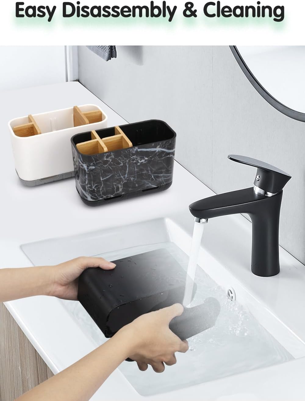 GFWARE Toothbrush Holders for Bathrooms, 5 Slots Bamboo Toothbrush Holder Kids Electric Toothbrush Holder and Toothpaste Holder for Bathroom Countertop Accessories Storage, Marble Toothbrush Organizer