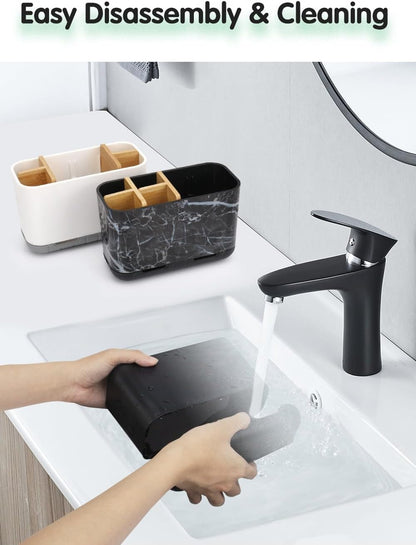 GFWARE Toothbrush Holders for Bathrooms, 5 Slots Bamboo Toothbrush Holder Kids Electric Toothbrush Holder and Toothpaste Holder for Bathroom Countertop Accessories Storage, Marble Toothbrush Organizer