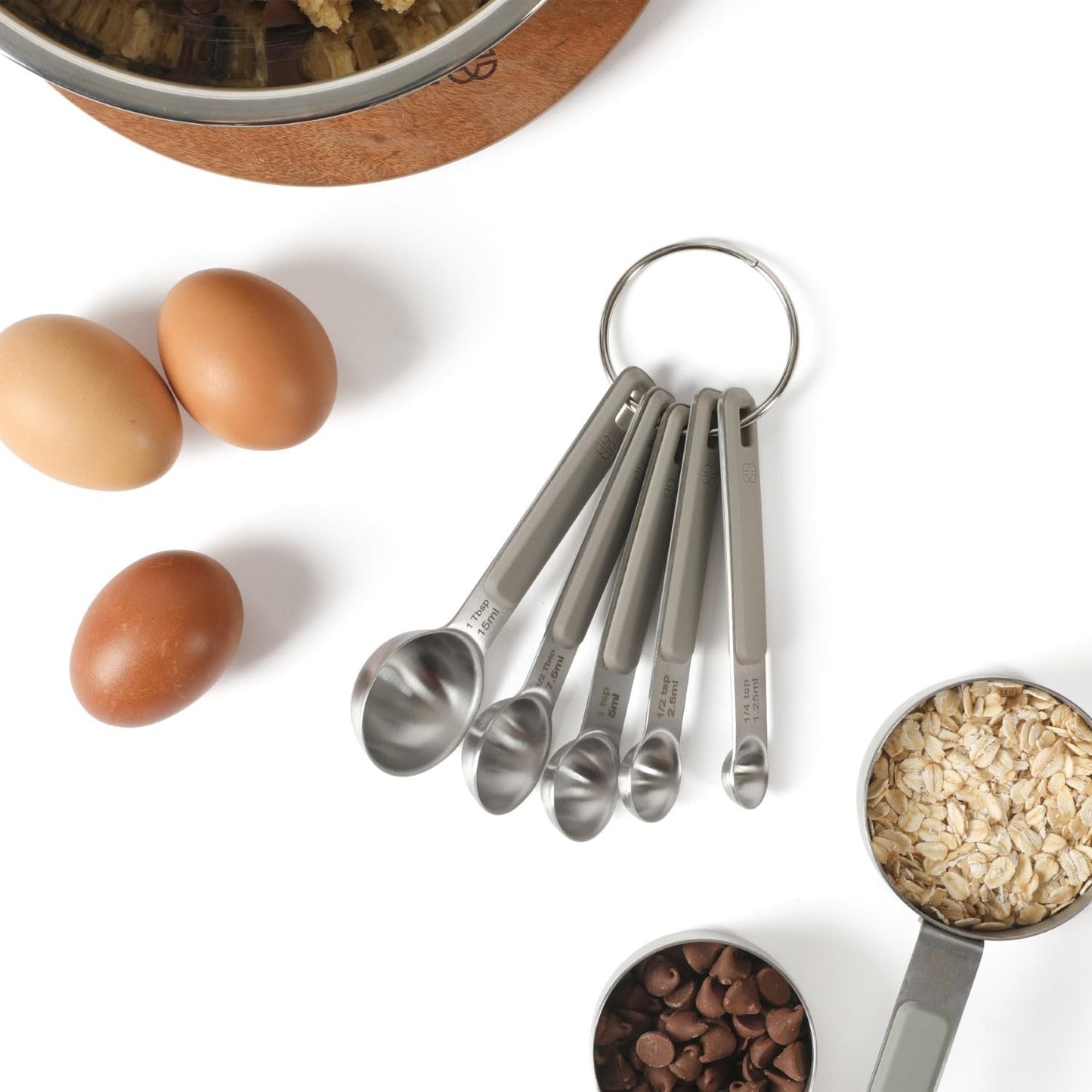 Calphalon Prime Measuring Spoons, Plastic Measuring Spoon Set, 5-Piece Stainless Steel Measuring Spoons Navy Silicone Handle Accurate, Durable for Spices and Small Portions