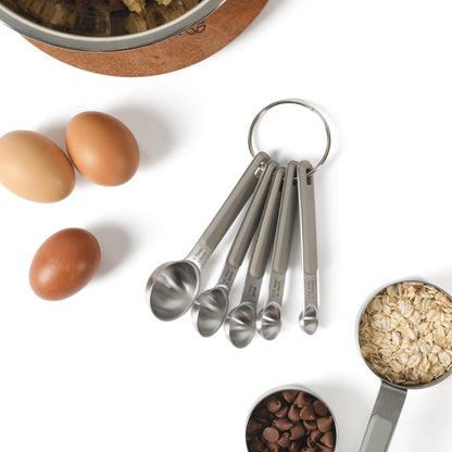 Calphalon Prime Measuring Spoons, Plastic Measuring Spoon Set, 5-Piece Stainless Steel Measuring Spoons Navy Silicone Handle Accurate, Durable for Spices and Small Portions