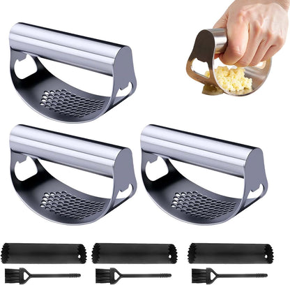 Stainless Steel Garlic Press Rocker, 2026 New Heavy Duty Ergonomic Garlic Crusher Tool with Peeler and Brush for Smash Garlic Built-in Bottle Opener - Easy Kitchen Gadget for Home Cooks (1PC)