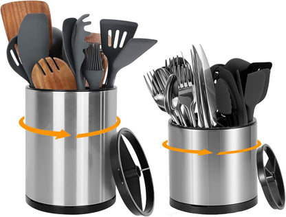 Nigelia Extra Large Kitchen Utensil Holder, 360° Rotating Stainless Steel Cooking Utensil Holder for Countertop, 3 Compartment Flatware Organizer & Cooking Caddy with Removable Base（Silvery）