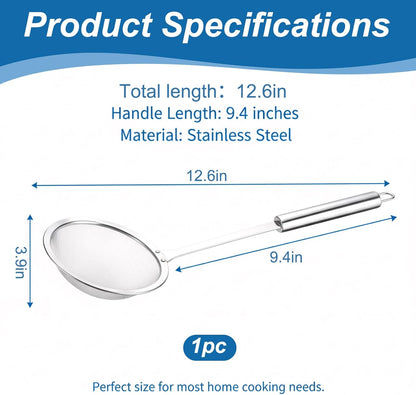 4" Stainless Steel Fat Skimmer Spoon, Kitchen Fine Mesh Food Strainer Multi-Functional Hot Pot Skimmer with Long Handle for Skimming Cooking Frying Grease Gravy Foam