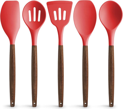 Zulay Kitchen Utensils Set Non-Stick Silicone Cooking Utensils Set with Authentic Acacia Wood Handles - 5 Piece Silicone Utensil Set - Kitchen Utensils Set with 464°F Heat Resistance - Gray