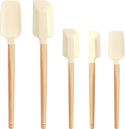 Wooden Handle Silicone Rubber Spatula Set 5 Piece for Kitchen Baking, Jars,Cooking, and Mixing High Heat Resistant Non Stick Dishwasher Safe BPA-Free (Pink)