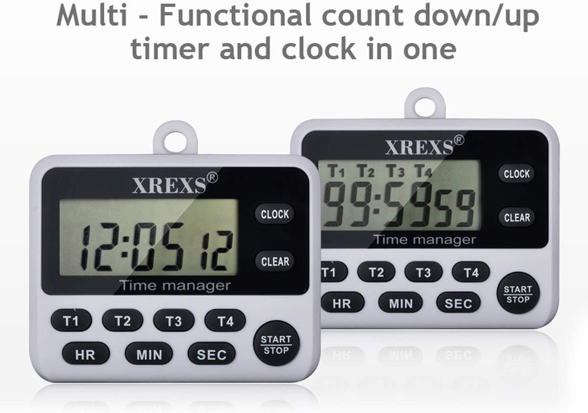 XREXS 4-Channel Digital Kitchen Timer Clock with Large LCD Display, 4 Groups Simultaneous Timing Countdown Up Pocket Timer, Magnetic Attachable (Battery Included)