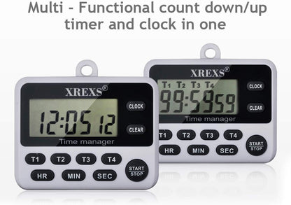 XREXS 4-Channel Digital Kitchen Timer Clock with Large LCD Display, 4 Groups Simultaneous Timing Countdown Up Pocket Timer, Magnetic Attachable (Battery Included)