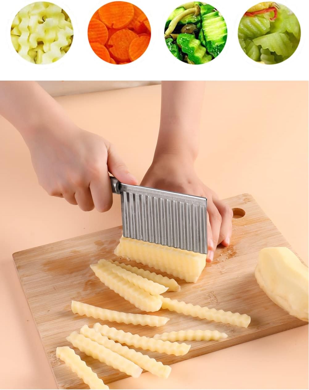Crinkle Cutter Knife Stainless Steel Cutting Tool for Potato Carrot Chip Vegetable French Fry, Wavy Chopper Wave Slicer Steel Blade, Kids Lunch Accessories (Longer Red Handle)