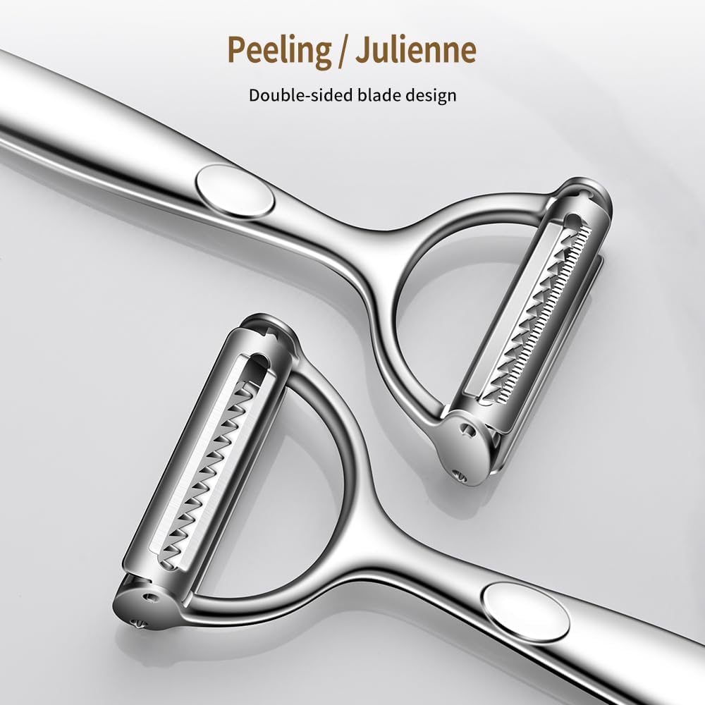 2 in 1 Ultra Sharp Julienne Peeler Vegetable Peeler for Kitchen with Clean Brush, Potato Peeler Y Peelers for Potatoes, Carrots, Fruits, Veggie, 2 Pack