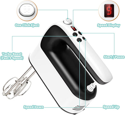 Yomelo 9-Speed Digital Hand Mixer Electric, 400W Powerful DC Motor, Hand Mixer Electric Handheld with Snap-On Storage Case, 5 Stainless Steel Accessories, Beaters, Dough Hooks, Whisk(Ice Blue/Black)