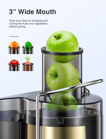 Qcen Juicer Machine, 500W Centrifugal Juicer Extractor with Wide Mouth 3” Feed Chute for Fruit Vegetable, Easy to Clean, Stainless Steel, BPA-free (Black)