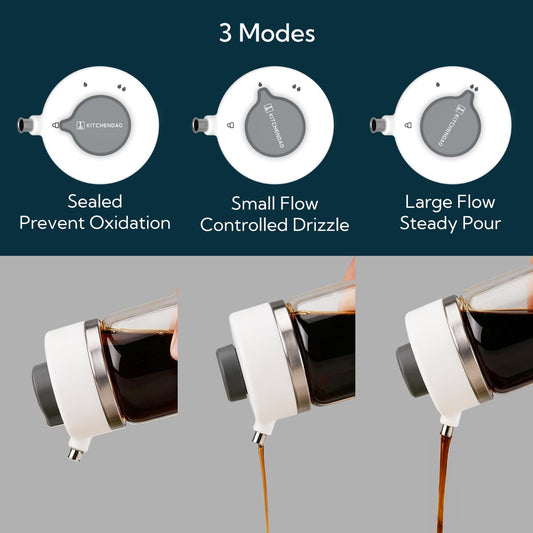 KITCHENDAO Precision Pour Glass Oil Dispenser with 3 Modes, Drip-free Spout, Two Adjustable Flowing Speed, 12 oz Vinegar Dispenser Bottle for Kitchen, Borosilicate Glass Olive Oil Bottle for Cooking