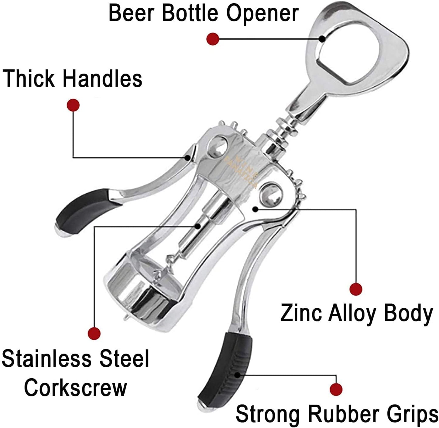 Professional Wing Corkscrew - Zinc Alloy Wine Opener with Non-Slip Silicone Handle - Multifunctional 2 in 1 for Red Wine and Beer Bottles - Ideal for Home Bars, 19 x 6 x 5.5 CM, Natural