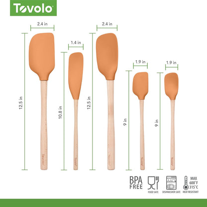 Tovolo Silicone Spatula with Wooden Handle Set of 5 Piece Silicone Kitchen Utensil Set Spoonula Jar Scraper Mini Spatula and Spoonula for Cooking Baking Mixing Folding Black Cookware Set