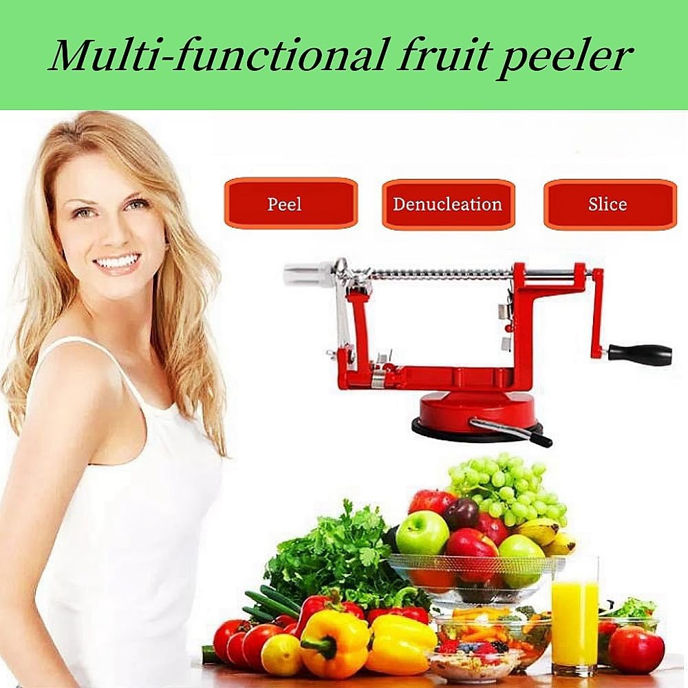 LUCKYLIGHT 3-in-1 Apple Spiralizer & Peeler – Stainless Steel Apple Slicer Corer with Adjustable Blade, Powerful Suction Base for Fruits & Vegetables (Red)