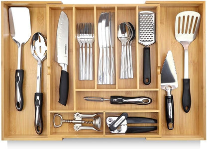 Pristine Bamboo Silverware Organizer - Small Extra-Deep Wooden Kitchen Drawer Organizer Divider for Spoons, Forks, Knives & Cutleries - 5 Slots