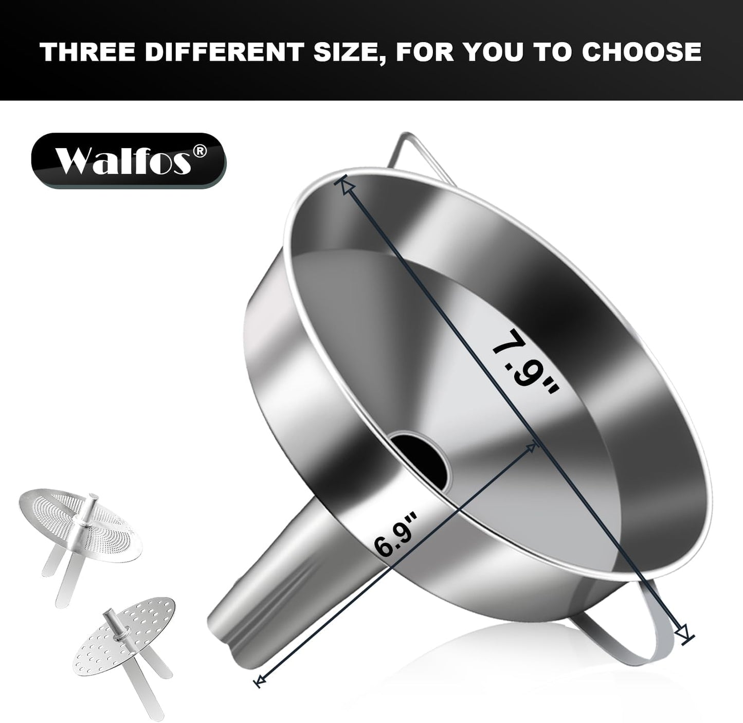 Stainless Steel Funnel, Walfos 3 Pack Kitchen Funnel with 2 Removable Strainer ＆ 1Pcs Cleaning Brush, Perfect for Transferring of Liquid, Oils, Jam, Dry Ingredients & Powder