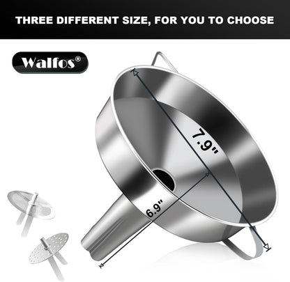 Stainless Steel Funnel, Walfos 3 Pack Kitchen Funnel with 2 Removable Strainer ＆ 1Pcs Cleaning Brush, Perfect for Transferring of Liquid, Oils, Jam, Dry Ingredients & Powder
