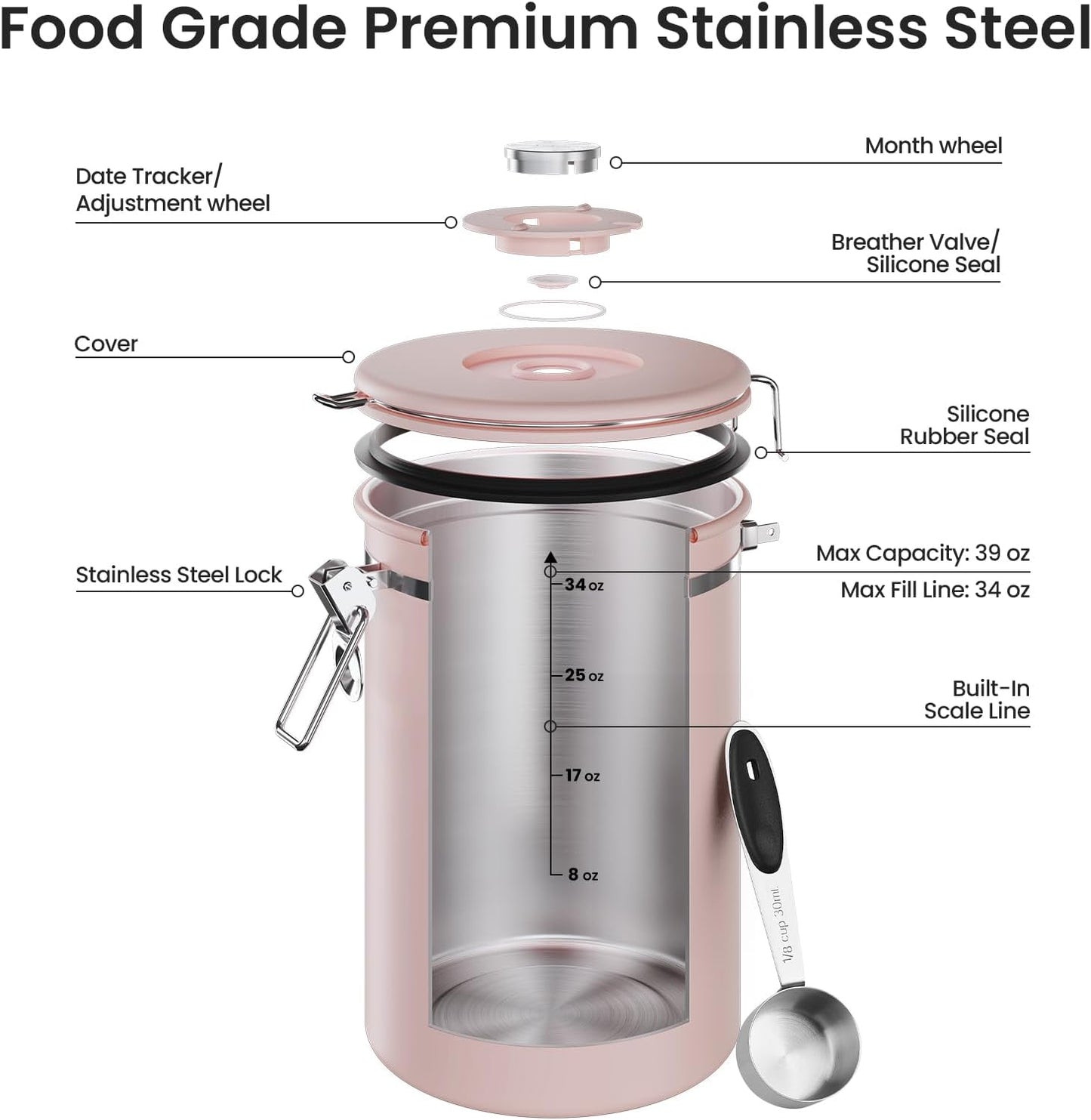 Veken Coffee Canister, Airtight Stainless Steel Kitchen Food Storage Container with Date Tracker and Scoop for Beans, Grounds, Tea, Flour, Cereal, Sugar, Cookie, 16OZ, Cream