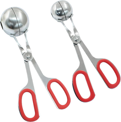 1.38"+ 1.89" Meatball Maker, 2Pcs None-stick Meatball Scoop Ball Maker, Stainless Steel Meat Baller Tongs, Cake Pop, Cookie Dough Scoop for Kitchen (Red)