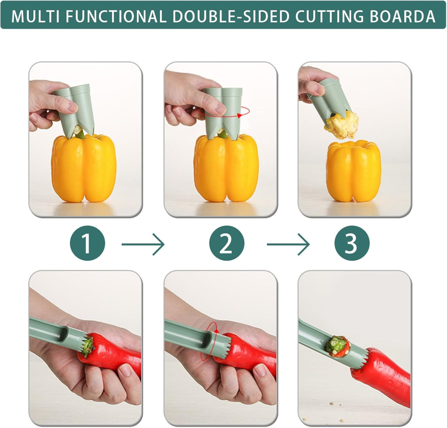 Pepper Corer, 2 in 1 Red Bell Pepper Seed Corer Remover Tool, Fruit & Vegetable Corers Quick Cave Tools for Jalapeno Cutter Deseeder, Green