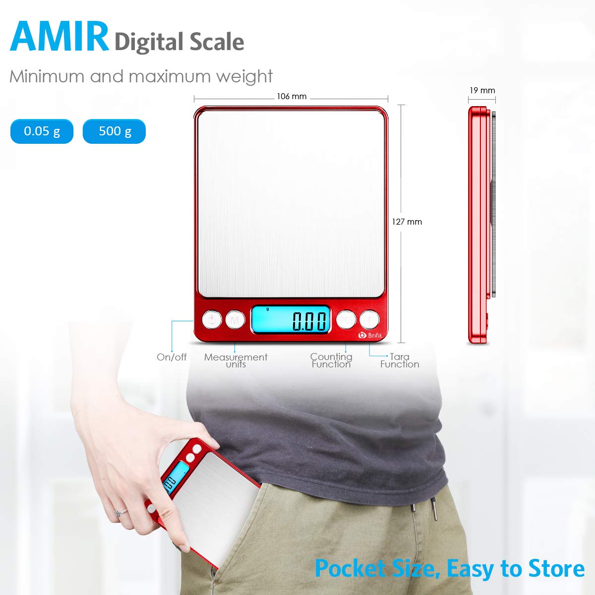 (Upgraded) AMIR Digital Kitchen Scale, 500g Mini Pocket Jewelry Scale, Food Scale, Coffee Scale, Back-Lit LCD Display, 2 Trays, 6 Units, Auto Off, Tare, PCS, Stainless Steel (Batteries Included)