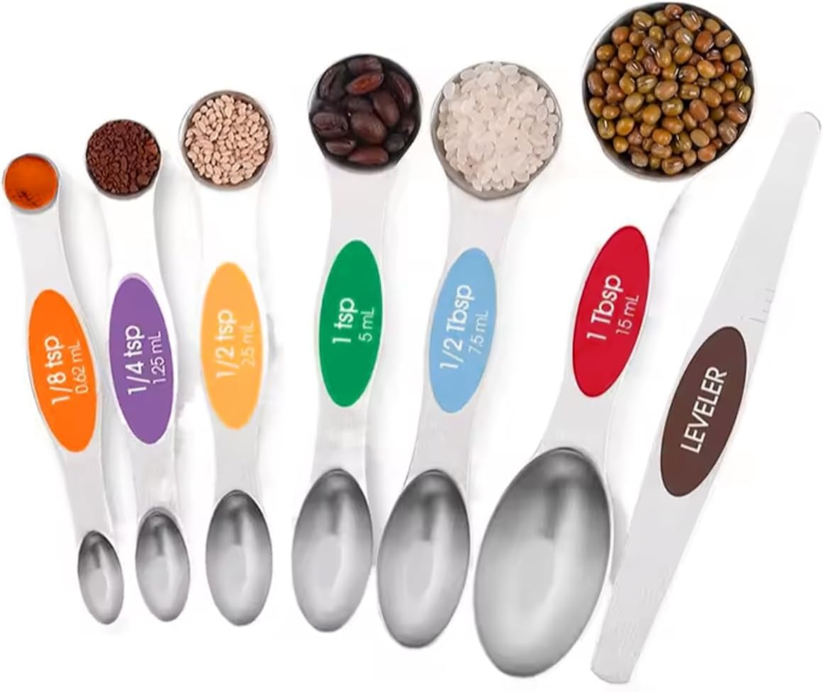 Set of 7 Stainless Steel Magnetic Measuring Spoons Set with Leveler - Stackable Tablespoon Measure Spoon for Baking and Cooking, Kitchen Gadgets for Apartment Essentials (Pink)