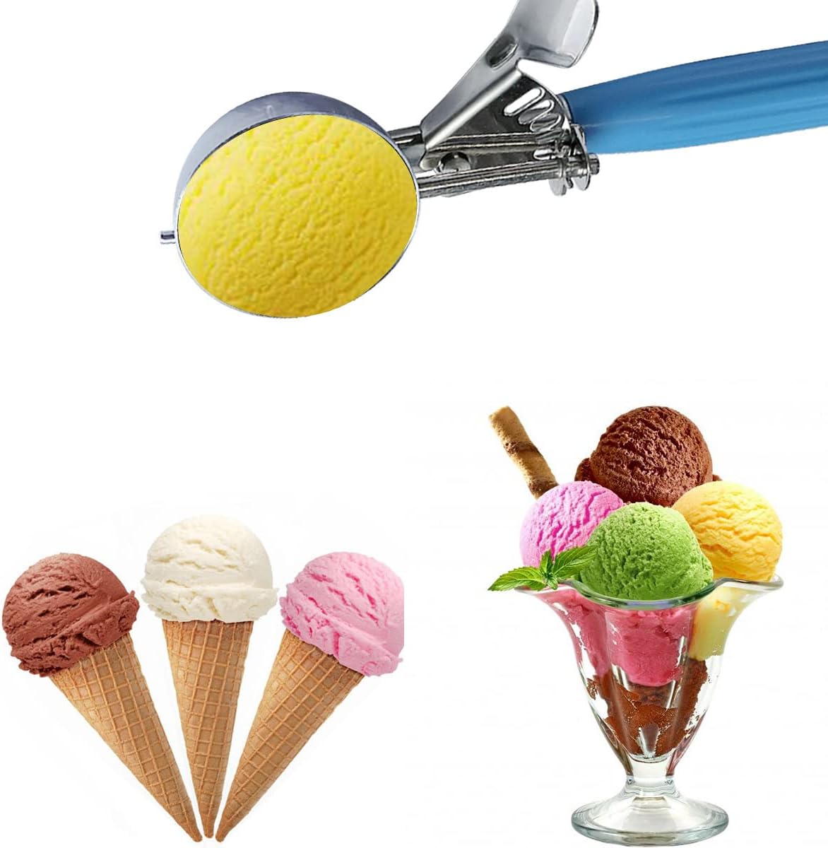 Stainless Steel Ice Cream Scoop Set Dishers Scoops Cookie Scoop Set Food Scoop, Right Handed Scoop, Blue Handle (2.48 Inch)