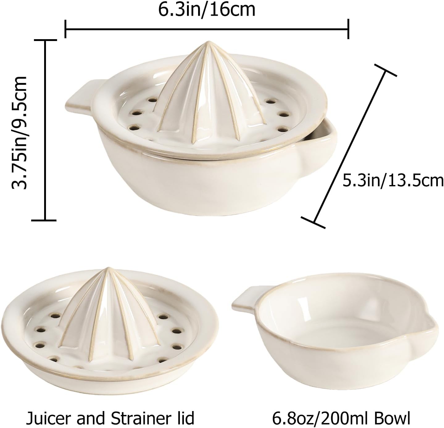 Ceramic Citrus Lemon Orange Juicer Manual Squeezer, Hand Juicer Reamer Rotation Press with 6.8oz Bowl, Strainer Lid, Spout, Handle, Dishwasher Safe, Easy to Clean
