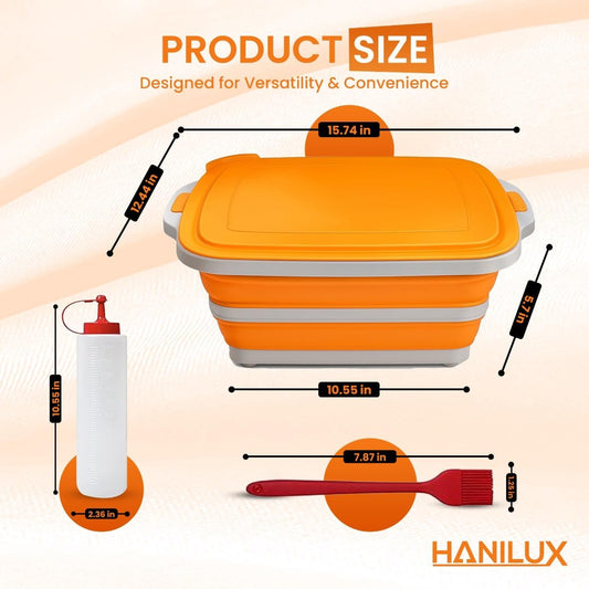 Collapsible BBQ Prep Tub, Meal Prep, Marinating Food Container, W/Cutting Board, Multi-Function Grill Caddy W/Colander & Lid, 8L Tub With/2 Squeeze Bottles1 Silicone Brush for Picnic- Camping-