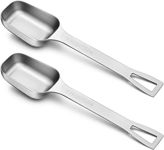 2 Pcs 1 Tablespoon, Stainless Steel Single Long Handle Measuring Spoon Scoop for Coffee Spices Tea Sugar, Dishwasher Safe Rust-Resistant Kitchen Gadgets for Cooking Baking (1tbsp, 3tsp, 15ml, 1/2oz)