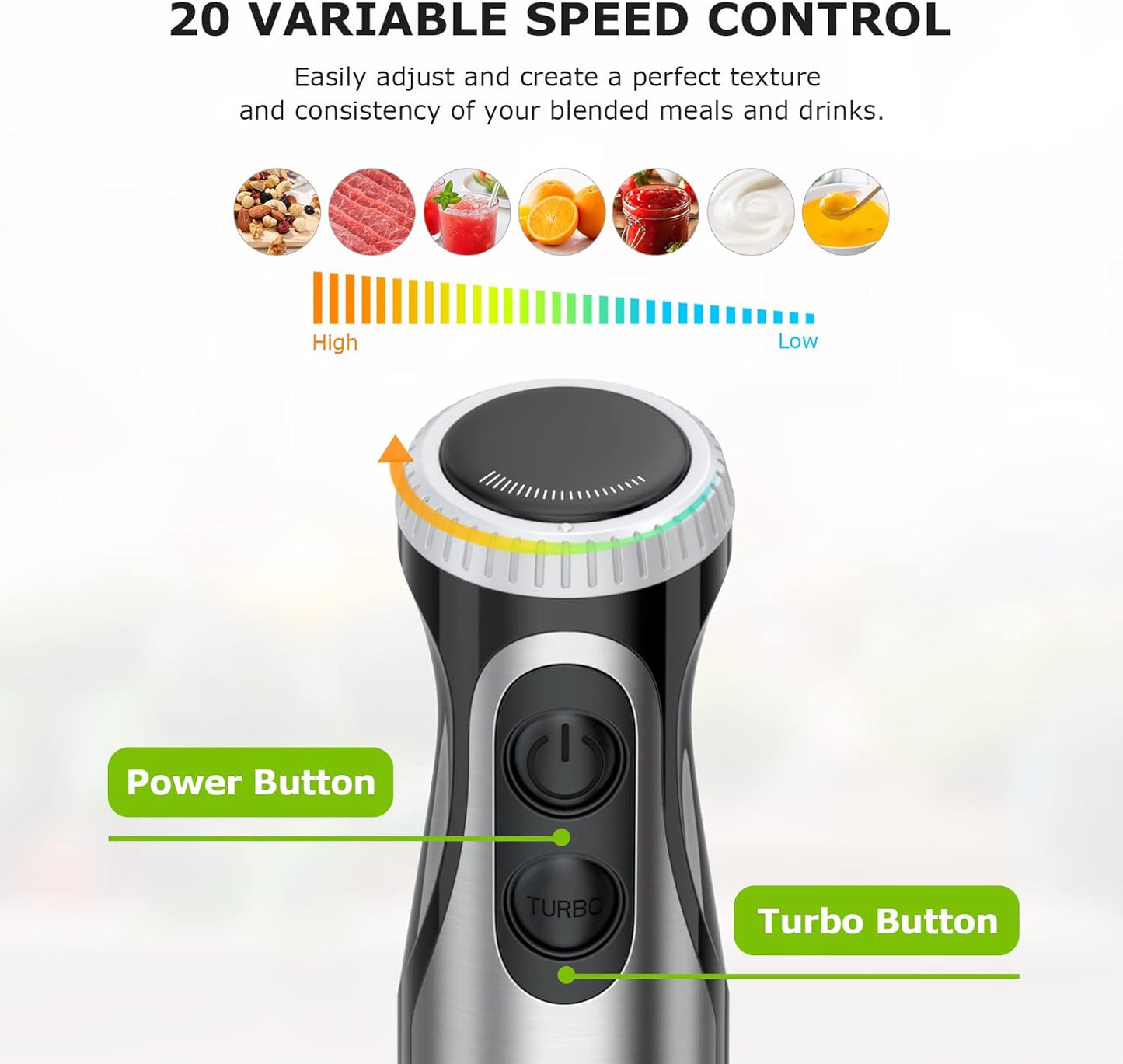 Bonsenkitchen Immersion Blender Handheld with Food Processor, 20 Speeds Hand Blender with Turbo Mode, Stainless Steel Blade, Egg Whisk, Beaker & Chopper Bowl, Hand Mixer for Smoothie, Soup, Baby Food
