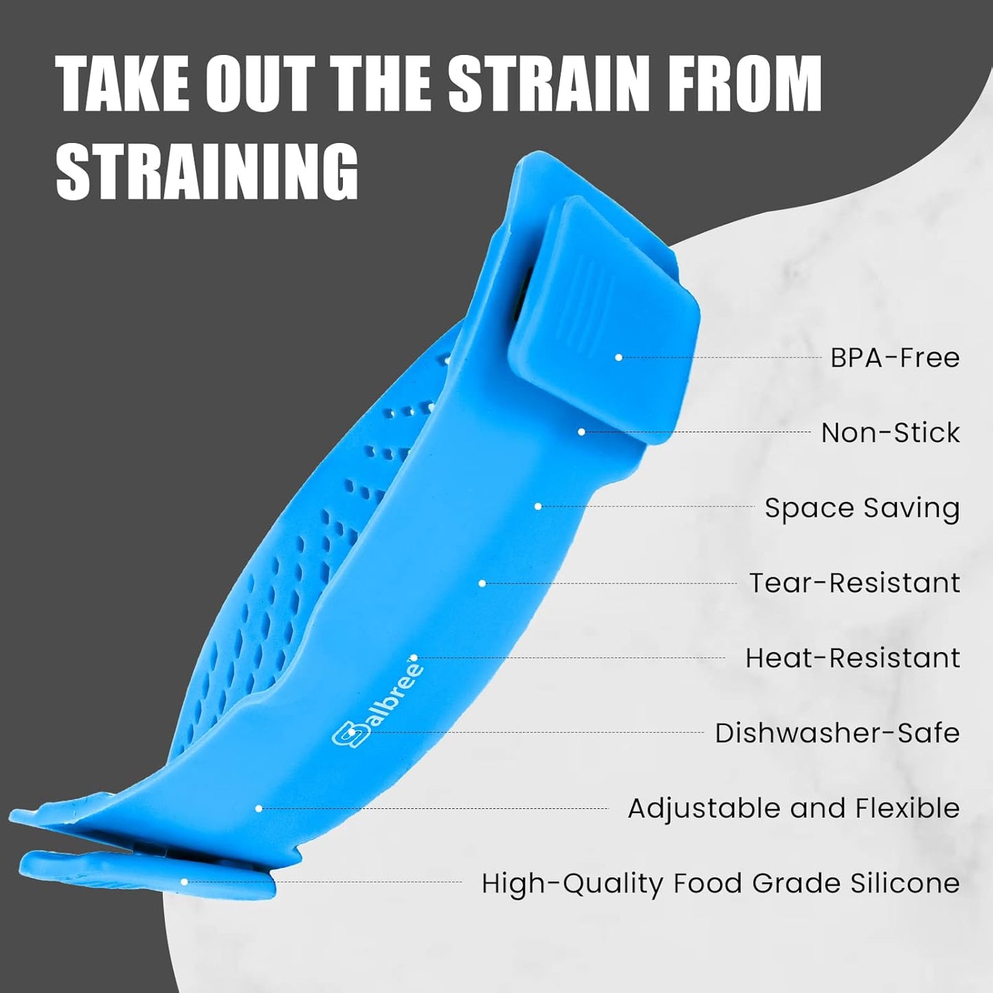 Clip On Kitchen Food Strainer for Spaghetti, Meat, Pasta, & Ground Beef Grease, Colander & Sieve Snaps or Clips Onto Bowls, Pots & Pans Includes Silicone Drainer, Brush & Garlic Peeler (Dk Red)