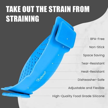 Clip On Kitchen Food Strainer for Spaghetti, Meat, Pasta, & Ground Beef Grease, Colander & Sieve Snaps or Clips Onto Bowls, Pots & Pans Includes Silicone Drainer, Brush & Garlic Peeler (Dk Red)