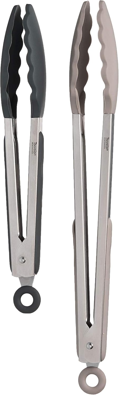 Tovolo Stainless Steel Tongs with Silicone Tip Set 9" 12" with Easy Lock Mechanism for Grilling Air Fryer Cooking Serving Salad, Heat Resistant Silicone Tipped Kitchen Tongs Sangria Red Black