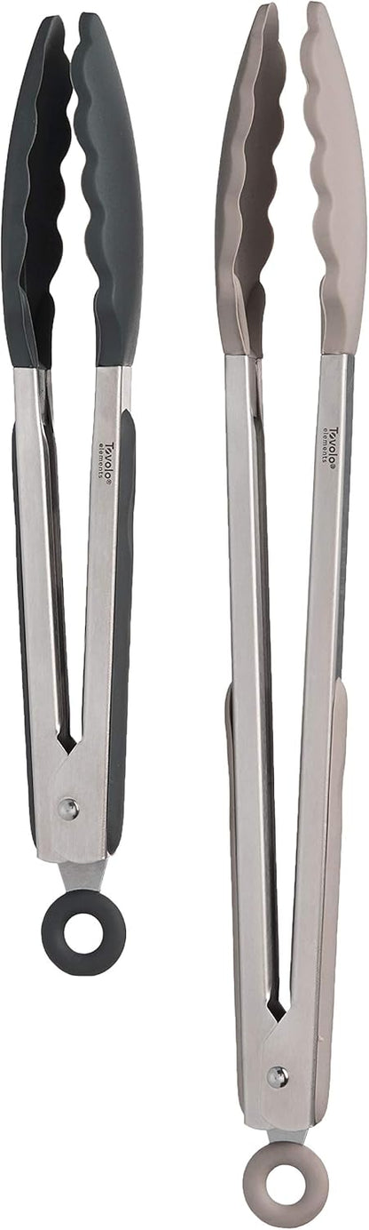 Tovolo Stainless Steel Tongs with Silicone Tip Set 9" 12" with Easy Lock Mechanism for Grilling Air Fryer Cooking Serving Salad, Heat Resistant Silicone Tipped Kitchen Tongs Sangria Red Black