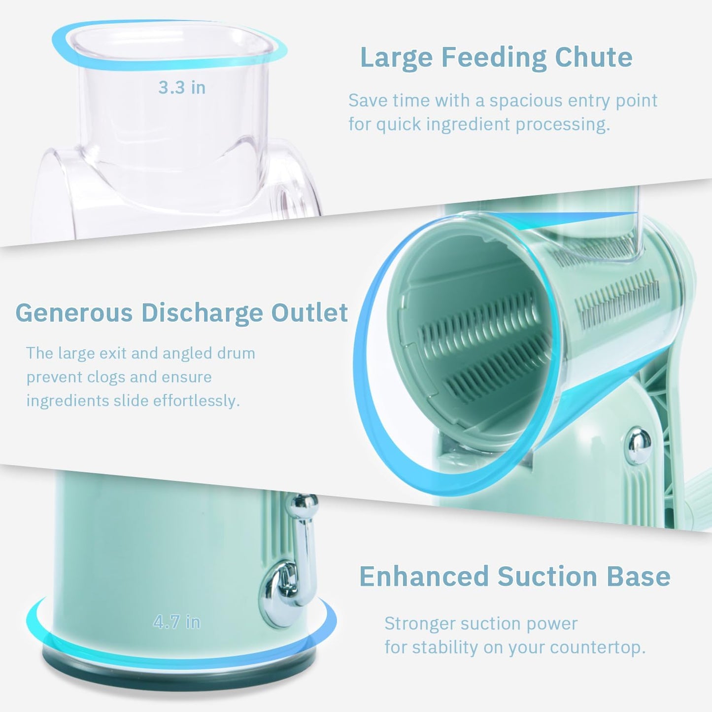 ENERGEVITY Manual Rotary Cheese Grater with Handle, 5 in 1 Replaceable Stainless Blades Cheese Shredder,Strong Suction Base Vegetable Slicer with Cleaning Brush & Bonus Storage Box for Blades (green)