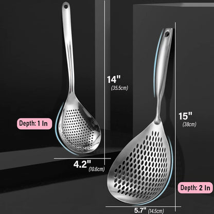 KAYCROWN Skimmer Slotted Spoon, 2 Pack Stainless Steel Pasta Spider Strainer Ladle for Frying and Cooking, Frying Strainer Spoon, Kitchen Cooking Skimmer Colander