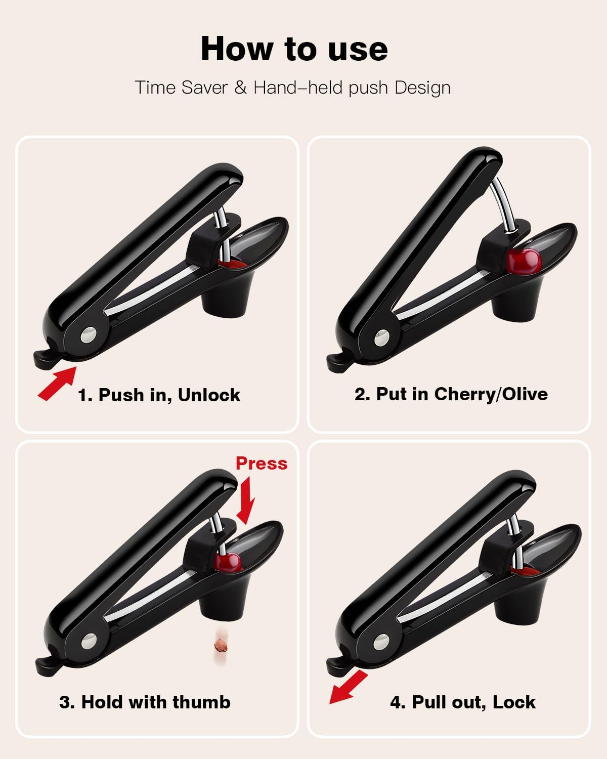Cherry Pitter, Cherry Pit Remover Tool Cherries Corer Pitter with Hand-held Push, Olive Seed remover stones with lock design, Durable Cherries seed Corer for Cherry Jam -Black