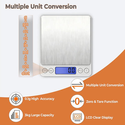 Digital Food Kitchen Scale, 105oz/0.01oz High Accuracy Mini Digital Scale for Cooking, Baking & Meal Prep, Measures in oz, Tare Function, 2 Trays, LCD Display