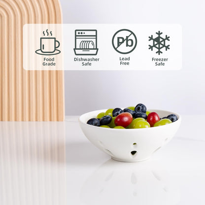 Ceramic Berry Basket, Round Fruit Bowl with Draining Hole, 5.8" Berry Colander for Kitchen Counter, Fruit Baskets Set of 2, White