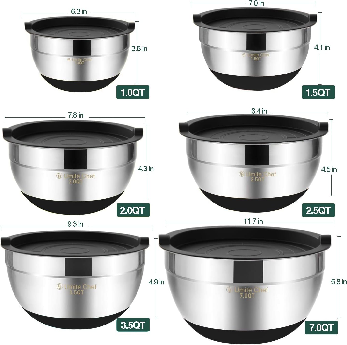 Umite Chef Mixing Bowls with Airtight Lids, 6 piece Stainless Steel Metal Nesting Storage Bowls, Non-Slip Bottoms Size 7, 3.5, 2.5, 2.0,1.5, 1QT, Great for Mixing & Serving (Khaki)