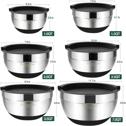 Umite Chef Mixing Bowls with Airtight Lids, 6 piece Stainless Steel Metal Nesting Storage Bowls, Non-Slip Bottoms Size 7, 3.5, 2.5, 2.0,1.5, 1QT, Great for Mixing & Serving (Khaki)