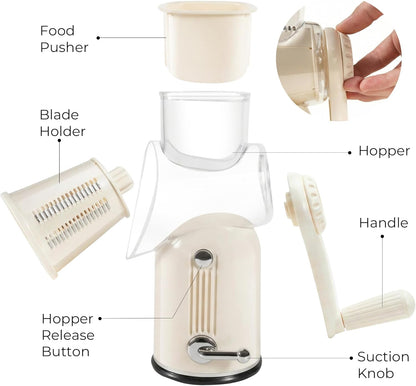 Rotary Cheese Grater Manual Hand Crank with 5 Blades & Suction Base, Kitchen Vegetable Shredder Slicer for Veggie, Nuts, Fruit, Cream